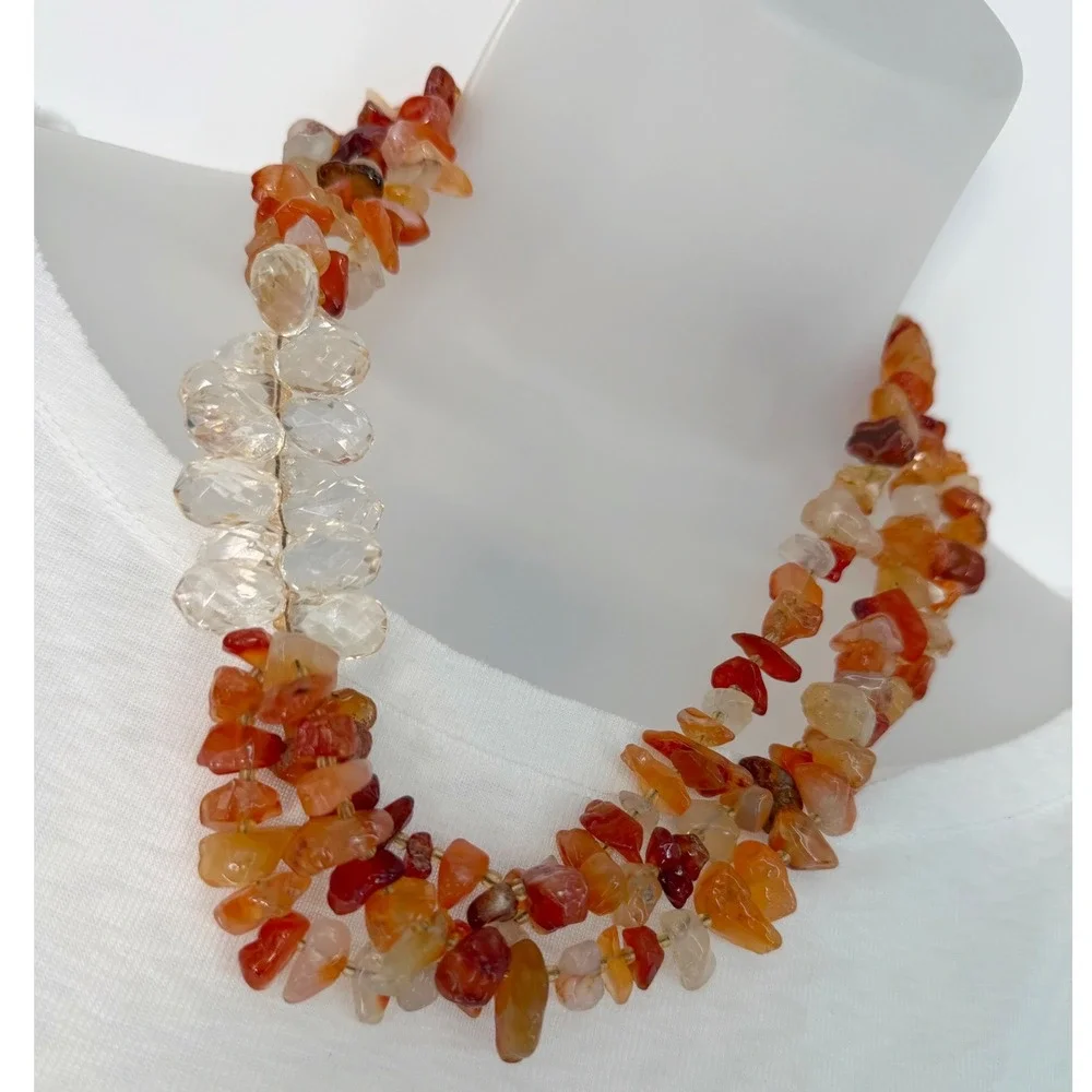 LOFT Orange Stone Chip Multi Strand Necklace Amber Clear Bead Accent Chic 103-63
